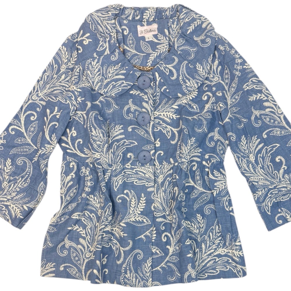 3 SISTERS Jacket Blue Linen Embroidered Peter Pan Collar Boho Peplum Size L‎